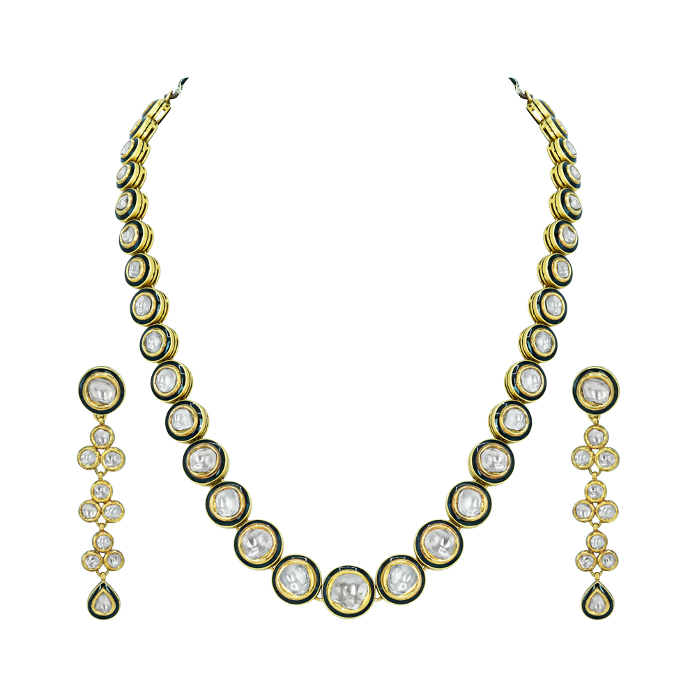 Black Enamel Polki Diamond Necklace Set for Timeless Elegance